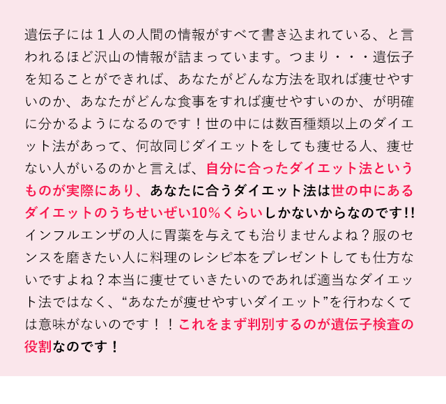 遺伝子には１人の人間の情報がすべて書き込まれている、と言われるほど沢山の情報が詰まっています。つまり・・・遺伝子を知ることができれば、あなたがどんな方法を取れば痩せやすいのか、あなたがどんな食事をすれば痩せやすいのか、が明確に分かるようになるのです！世の中には数百種類以上のダイエット法があって、何故同じダイエットをしても痩せる人、痩せない人がいるのかと言えば、自分に合ったダイエット法というものが実際にあり、あなたに合うダイエット法は世の中にあるダイエットのうちせいぜい10％くらいしかないからなのです!!インフルエンザの人に胃薬を与えても治りませんよね？服のセンスを磨きたい人に料理のレシピ本をプレゼントしても仕方ないですよね？本当に痩せていきたいのであれば適当なダイエット法ではなく、“あなたが痩せやすいダイエット”を行わなくては意味がないのです！！これをまず判別するのが遺伝子検査の役割なのです！